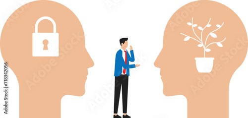 Choice between creative and conservative thinking. Personal psychological thinking and fixed vs growth mindset, Self and professional growth concept
