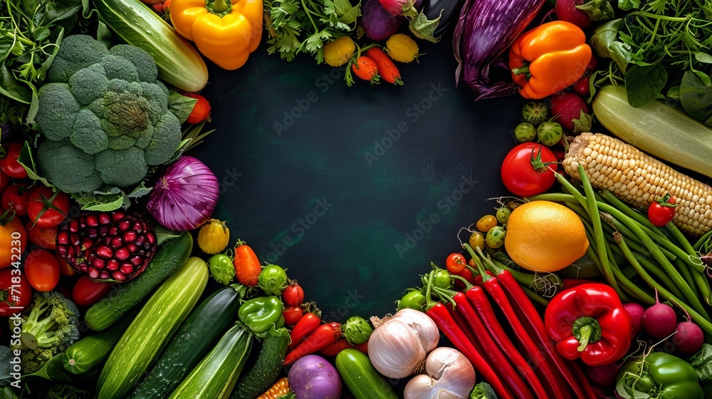 Panoramic colorful food background with assortment of fresh organic vegetables with copy space in heart shape 