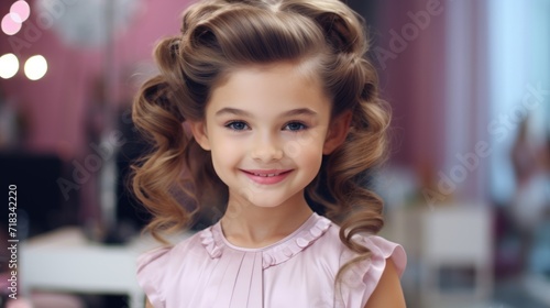 Happy Little Girl with Stylish Hairstyle in Beauty Salon Generative AI