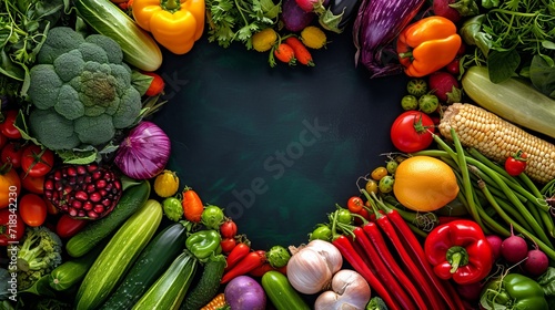 Panoramic colorful food background with assortment of fresh organic vegetables with copy space in heart shape 