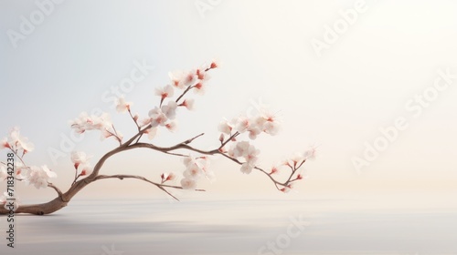  a branch of a blossoming tree with white flowers in the foreground and a light blue sky in the background.