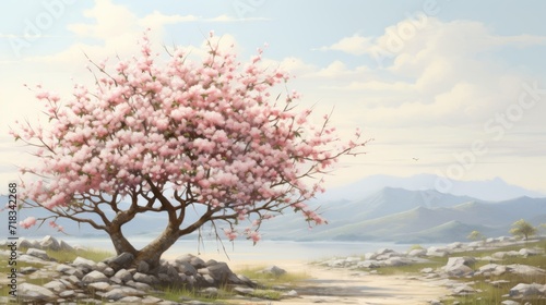  a painting of a tree with pink flowers in the foreground and a dirt path in the foreground, with mountains in the background.