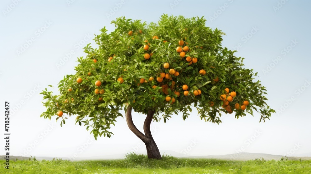 a tree filled with lots of oranges on top of a lush green field with a blue sky in the background. a tree filled with lots of oranges on top of a lush green field with a blue sky in the background.