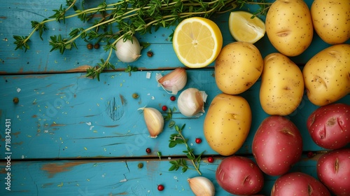 Starchy yellow and red potatoes with fresh thyme, garlic and lemon on a blue wooden background, flat lay  photo