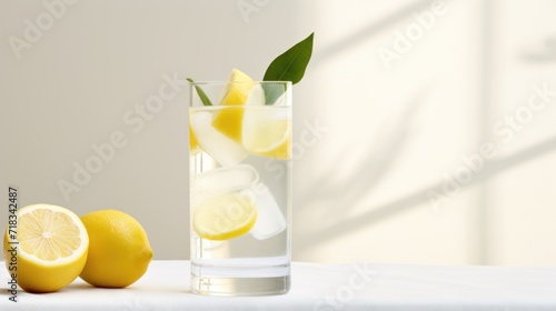  a glass of water with lemons and ice cubes on a table with a shadow of a wall in the background.