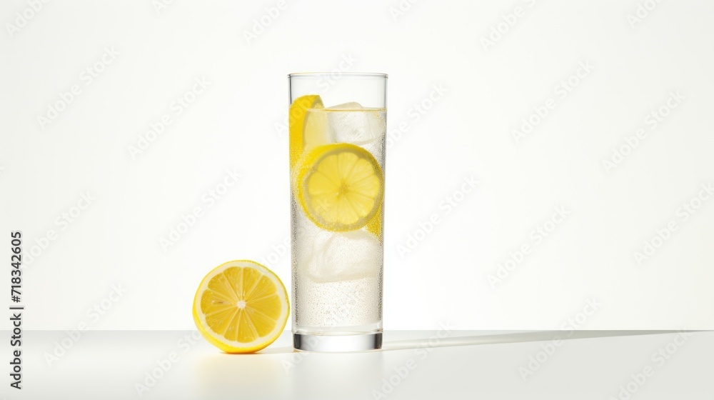  a glass of lemonade with ice and a slice of lemon on a white table with a shadow of the glass.