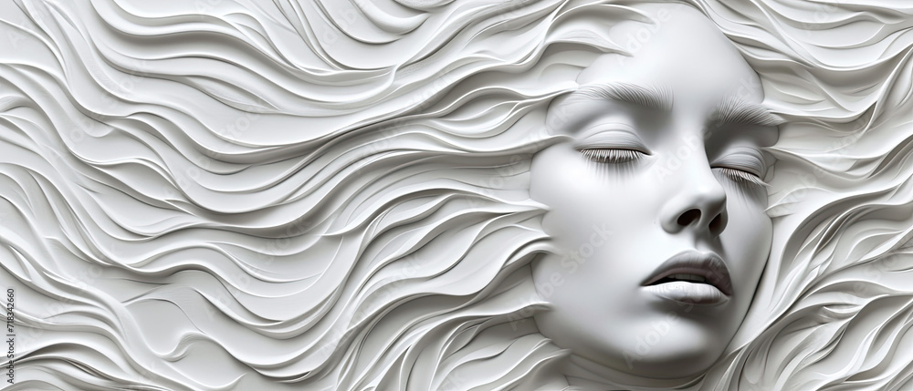Abstract sculpture of a woman  on right side with wave of hair. In pasture texture.