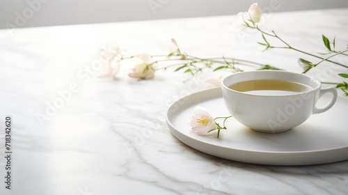  a cup of tea sitting on top of a white saucer on a marble counter top next to pink flowers.