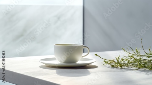  a white cup sitting on top of a saucer next to a leafy plant on top of a table.