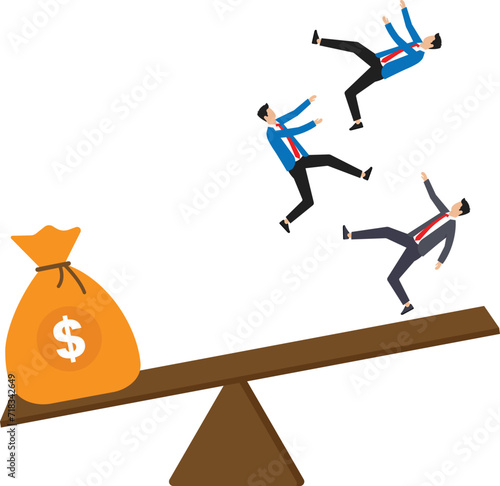 Big money gets rid of people. Human greed and commercialism, huge bag of money on scales, men thrown into sky and breakup of friendships and relationships due to income concept
