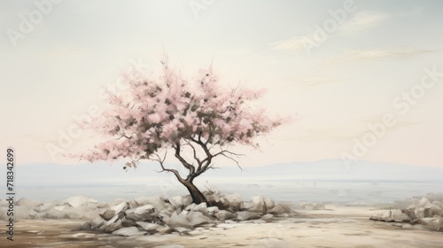  a painting of a tree in the middle of a desert with rocks in the foreground and a mountain in the background.