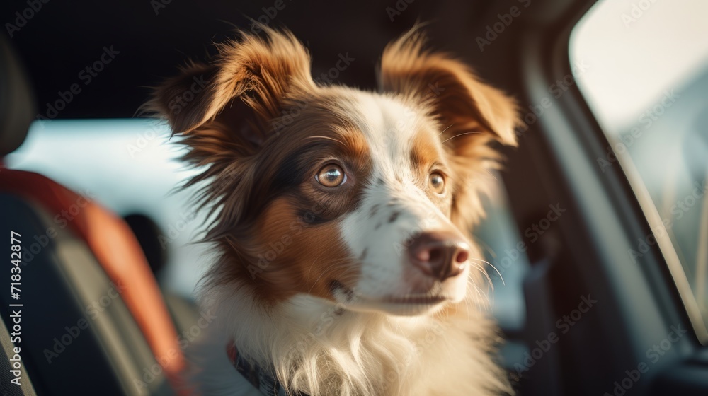 Redhaired Australian Shepherd Aussie Sits in Trunk of Family Car and Looks into Distance Generative AI