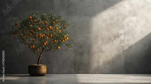  a potted plant with oranges on it in a room with a concrete wall and sunlight coming through the window.