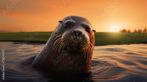 Playful Seal with Sunglasses on Golf Green at Dawn Generative AI © Alex