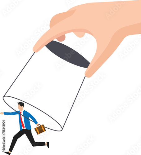 Business arrest. Crime and escape, financial banking fraud, non-payment of taxes, huge hand catches fleeing businessman in glass, criminal punishment vector isolated justice concept
