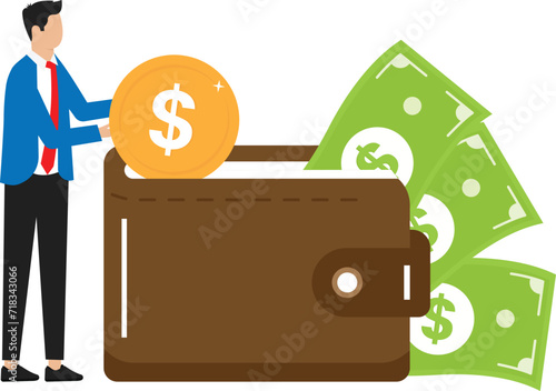 Tiny people with money. Budget elements, different poses persons, woman waters money tree, man rolls large coins and holding bill, millionaire on full bags with cash concept
