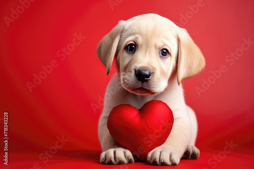Cute labrador puppy holding a heart in his hands on a red background with space for text