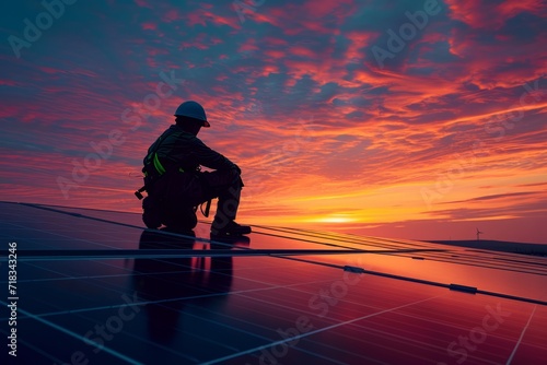 Anonymous male worker in protective gear installs solar panels on a rooftop against a stunning sunset sky, a silhouette in the work of sustainable energy. generative ai