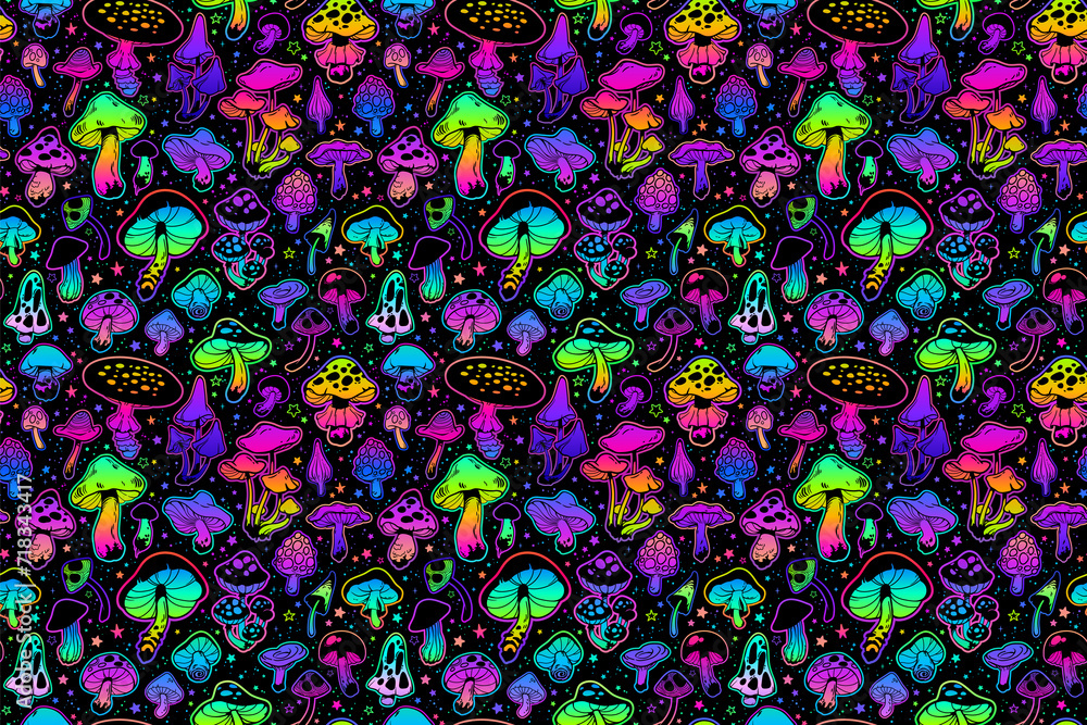 Seamless illustration with bright psychedelic mushrooms Seamless illustration with bright psychedelic mushrooms