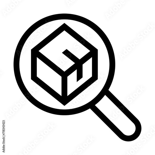 Icono de investigación del producto. Analizar paquete, examinar, revisión, evaluación. Ilustración