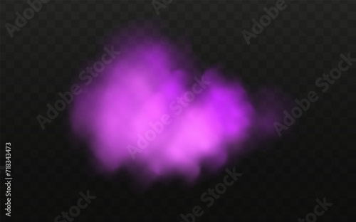 Scary mystical violet fog in night Halloween. Purple poisonous gas, dust and smoke effect.Realistic neon magic mist steam on a transparent dark background.