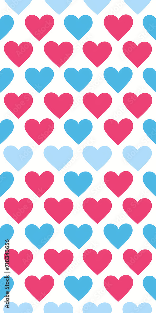 Seamless pattern with blue and pink hearts on white background. Cute simple pattern background for Valentine's Day, wedding, baby shower. Wrapping paper, wallpaper, scrapbooking, textile, cover