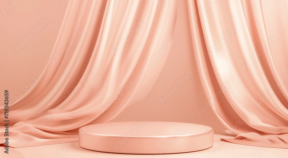 Luxury beauty product podium stage with silk fabric on trendy peach Fuzz background. Premium brand showcase mockup template. Studio stage scene display. Soft and apricot aesthetic.