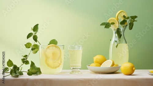  a table topped with a bowl of lemons next to a pitcher of lemonade and a bowl of lemons.