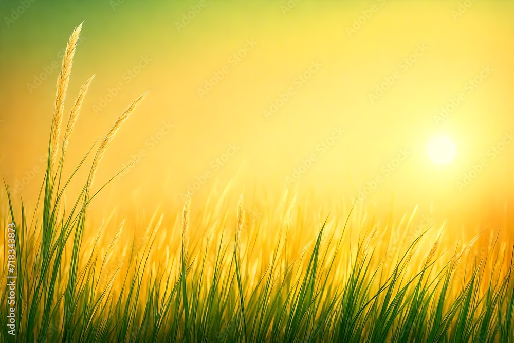Fresh green grass with a golden sunset glow, isolated on a gradient background