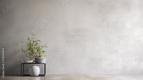  a white vase sitting on top of a table next to a potted plant on top of a black stand.