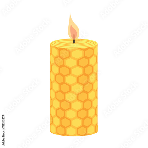 Glowing wax candle on white background