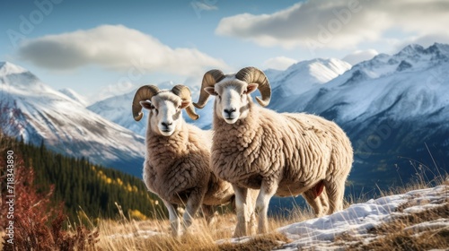 Twin Sheep Grazing in Jasper National Park Generative AI