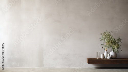  a table with vases and a plant on top of it in front of a wall with a white background.