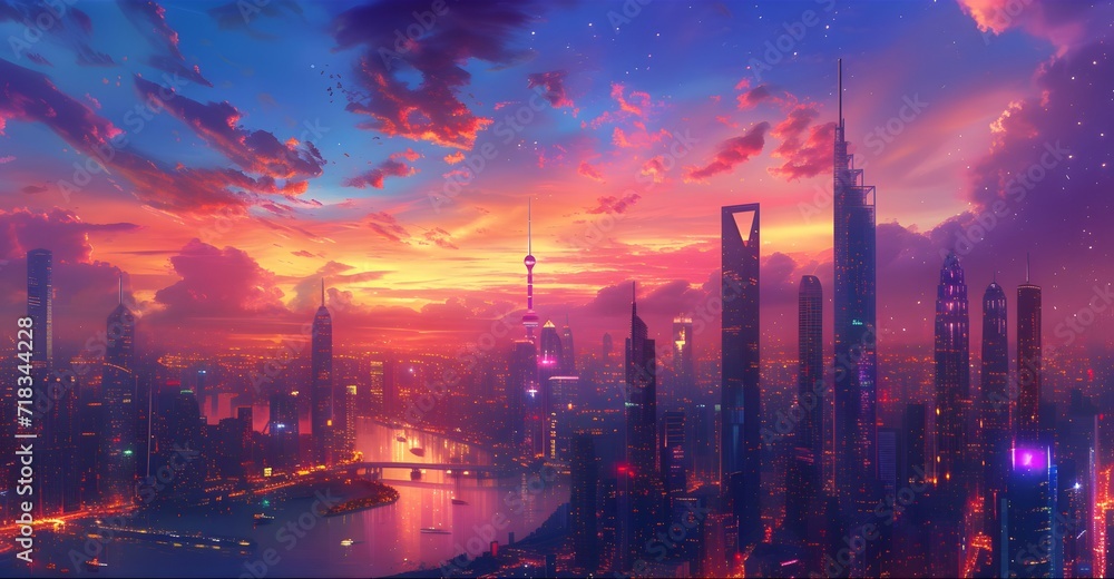 sunset over the city, vibrant cityscape at twilight, with iconic landmarks illuminated against a backdrop of a colorful sunset