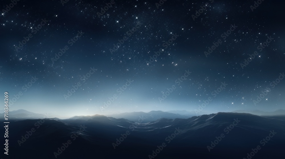  a view of a night sky with stars and a mountain range in the foreground with the moon in the distance.