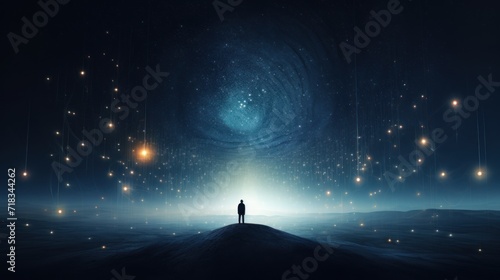  a person standing in the middle of a dark room with stars in the sky and a light at the end of the tunnel.