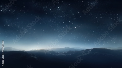  a view of a night sky with stars and a mountain range in the foreground with the moon in the distance. © Anna