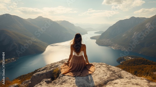 Woman Enjoying Stunning Views from Mountain Top Generative AI