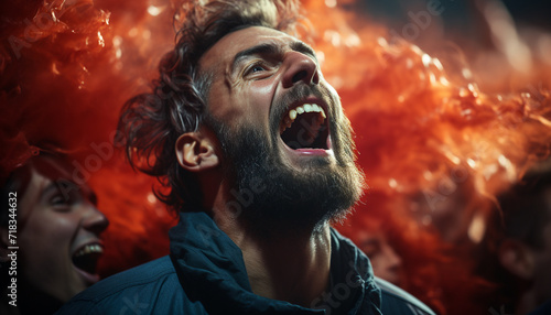 Young adult males screaming with joy at night generated by AI