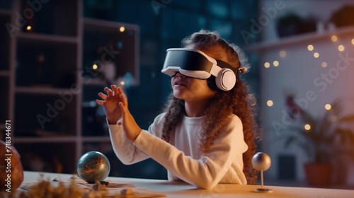 Futuristic learning: Little asian girl stargazer delves into cosmos through the magic of VR at home