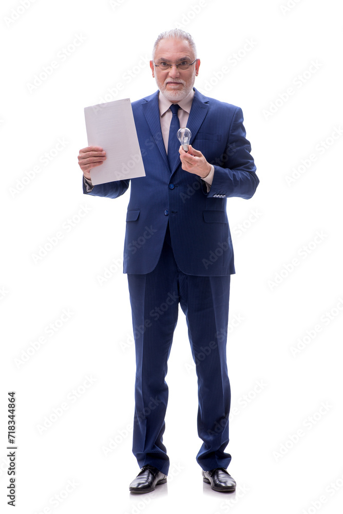 Old businessman in happy idea concept isolated on white Old businessman in happy idea concept isolated on white