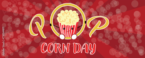 Drawn banner for Popcorn Day with cute bucket on red background