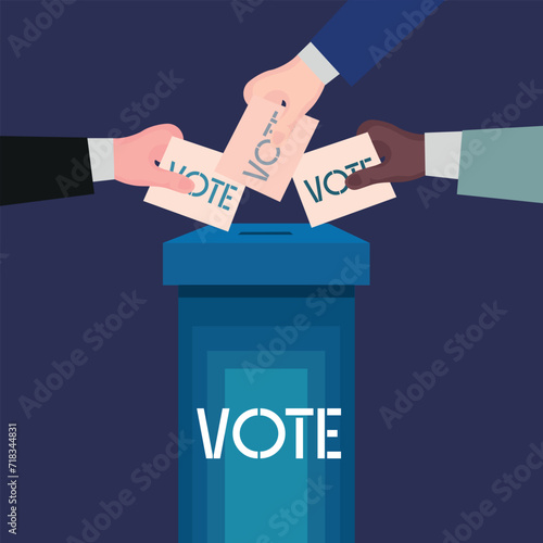 Hands putting ballot papers in voting box on blue background