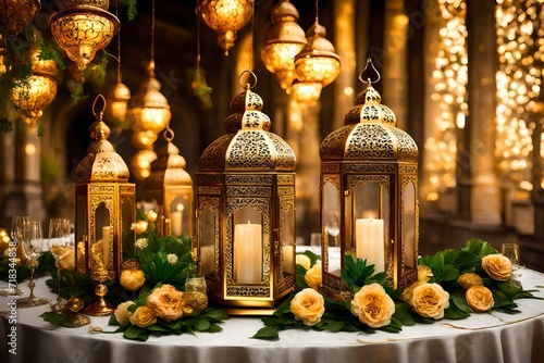 an elegant lantern adorned in gold, casting a warm and inviting golden light.