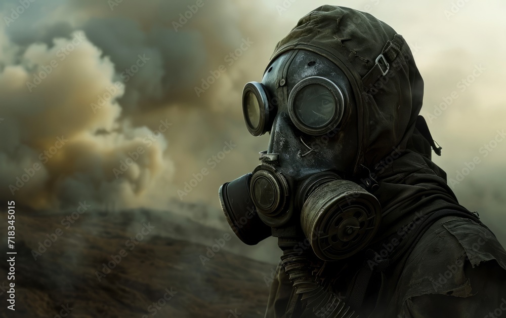 Man in gas mask in the desert Conceptual image of danger Man in gas mask in the desert Conceptual image of danger