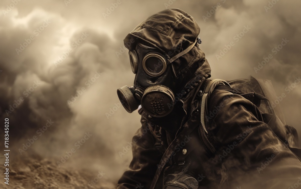 Man in gas mask in the desert Conceptual image of danger Man in gas mask in the desert Conceptual image of danger