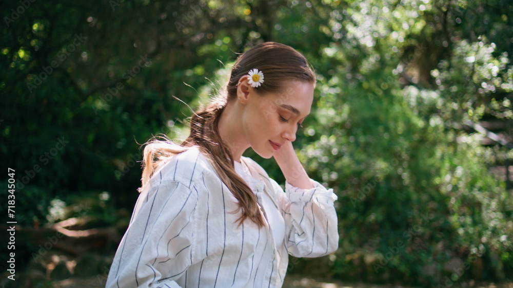 Beautiful lady going forest trail enjoy green nature closeup. Woman walking park Beautiful lady going forest trail enjoy green nature closeup. Woman walking park