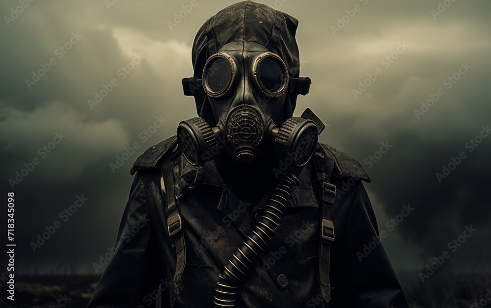 Man in gas mask in the desert Conceptual image of danger Man in gas mask in the desert Conceptual image of danger