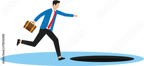 Lost businessman with fog in his head runs forward without noticing hole, Danger or business accident and loss or pitfall, mistake or failure concept
