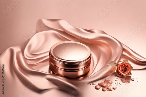 An image of a luxurious rose gold cosmetic cream container isolated on a pristine white background.  photo